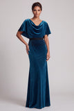 Peacock Blue Mermaid Beaded Cowl Neck Fringed Velvet Long Mother of the Bride Dress with Cape