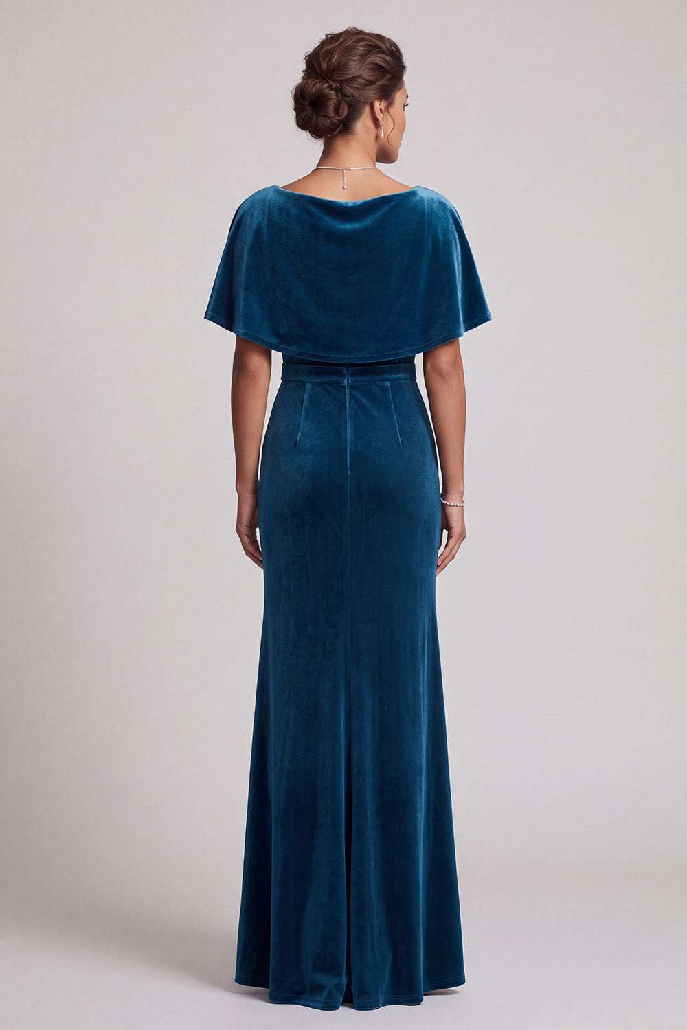 Peacock Blue Mermaid Beaded Cowl Neck Fringed Velvet Long Mother of the Bride Dress with Cape