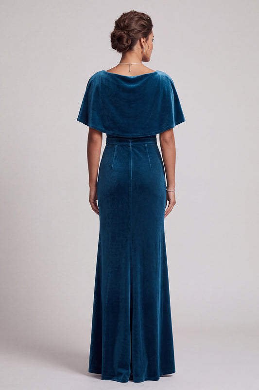 Peacock Blue Mermaid Beaded Cowl Neck Fringed Velvet Long Mother of the Bride Dress with Cape