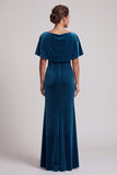 Peacock Blue Mermaid Beaded Cowl Neck Fringed Velvet Long Mother of the Bride Dress with Cape