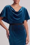 Peacock Blue Mermaid Beaded Cowl Neck Fringed Velvet Long Mother of the Bride Dress with Cape