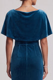 Peacock Blue Mermaid Beaded Cowl Neck Fringed Velvet Long Mother of the Bride Dress with Cape