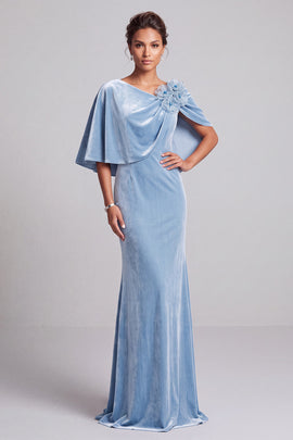 Light Blue Mermaid V-Neck Long Velvet Mother of the Bride Dress with 3D Flowers