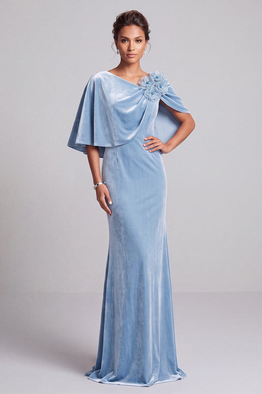 Light Blue Mermaid V-Neck Long Velvet Mother of the Bride Dress with 3D Flowers