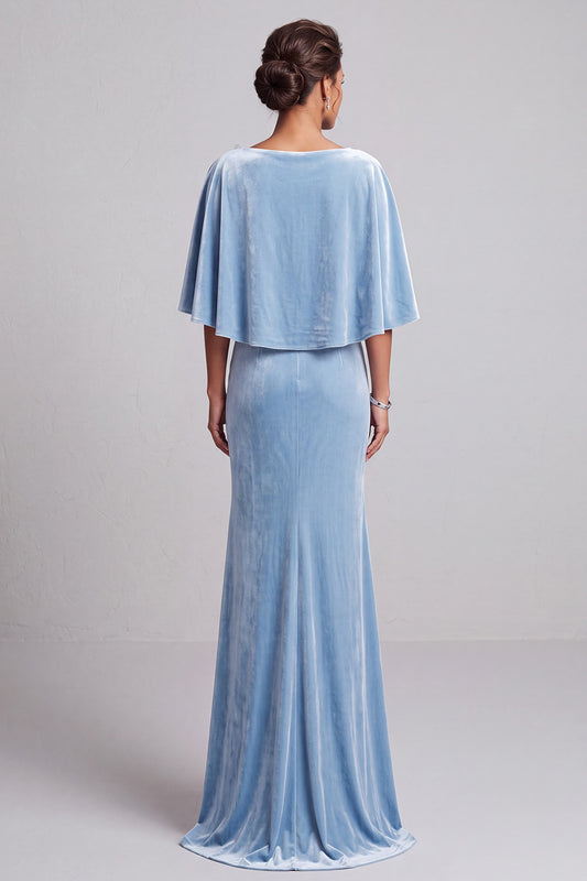 Light Blue Mermaid V-Neck Long Velvet Mother of the Bride Dress with 3D Flowers
