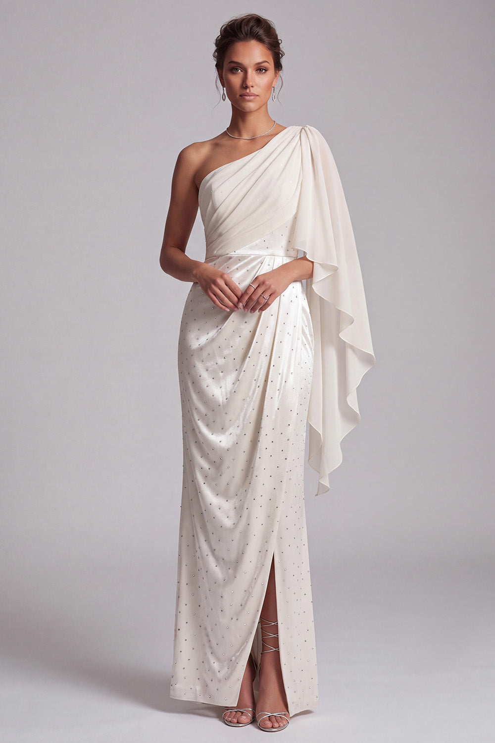 Sparkly Ivory Sheath Beaded Ruched Long Mother of the Bride Dress with Side Cape