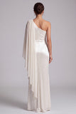 Sparkly Ivory Sheath Beaded Ruched Long Mother of the Bride Dress with Side Cape