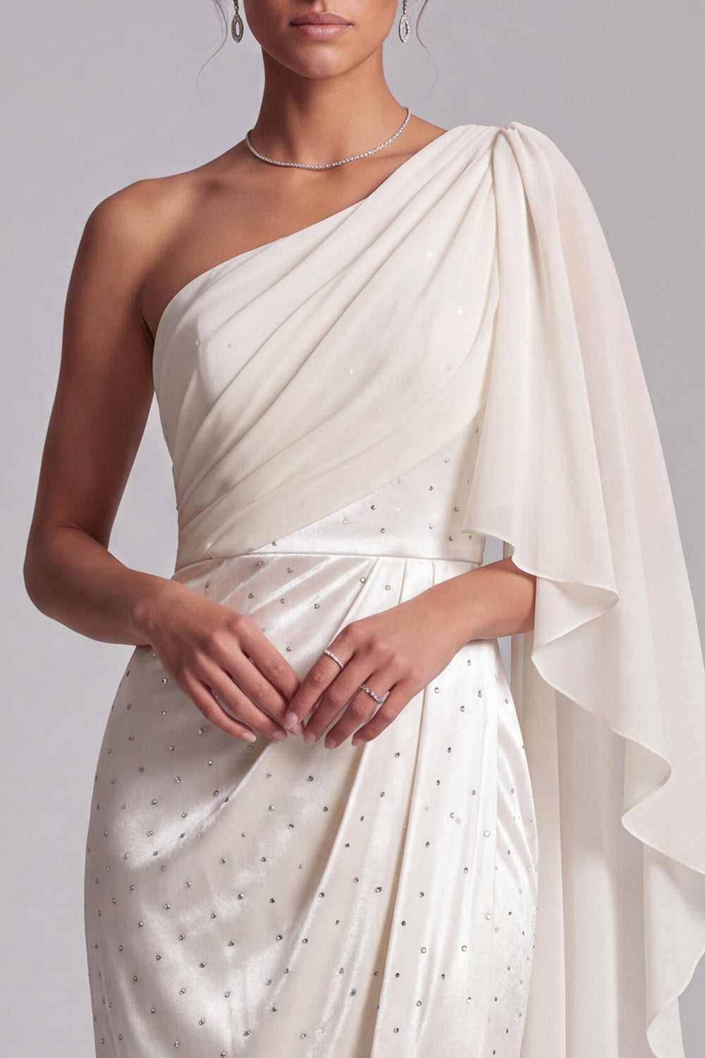 Sparkly Ivory Sheath Beaded Ruched Long Mother of the Bride Dress with Side Cape