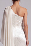 Sparkly Ivory Sheath Beaded Ruched Long Mother of the Bride Dress with Side Cape