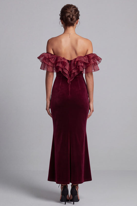 Burgundy Mermaid Off the Shoulder Ruffled Long Velvet Holiday Party Dress