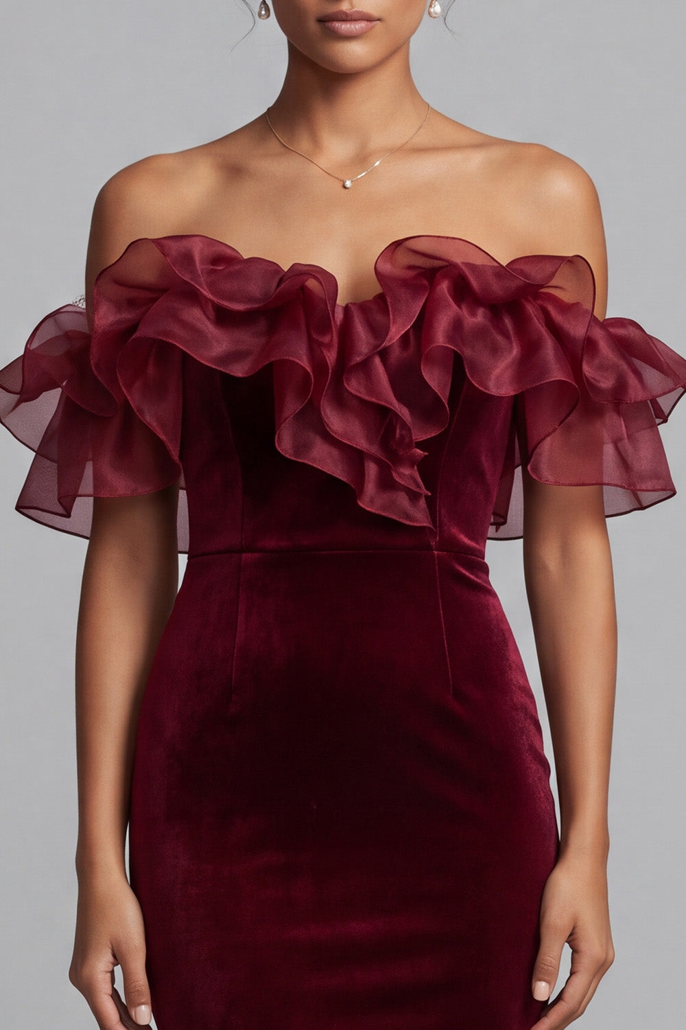Burgundy Mermaid Off the Shoulder Ruffled Long Velvet Holiday Party Dress
