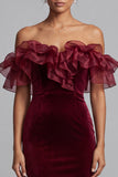 Burgundy Mermaid Off the Shoulder Ruffled Long Velvet Holiday Party Dress