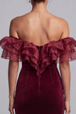 Burgundy Mermaid Off the Shoulder Ruffled Long Velvet Holiday Party Dress