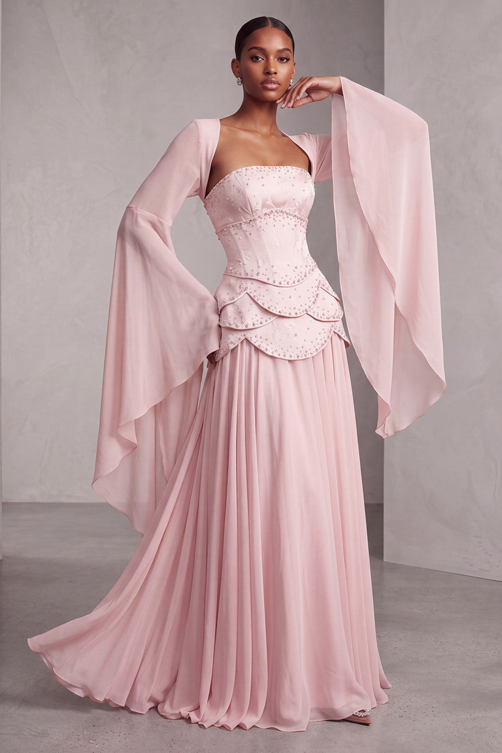 Blush Chiffon Beaded A Line Ruffled Corset Long Prom Dress with Sleeves