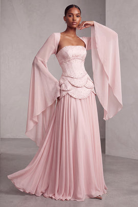 Blush Chiffon Beaded A Line Ruffled Corset Long Prom Dress with Sleeves