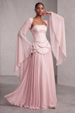 Blush Chiffon Beaded A Line Ruffled Corset Long Prom Dress with Sleeves