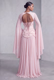 Blush Chiffon Beaded A Line Ruffled Corset Long Prom Dress with Sleeves