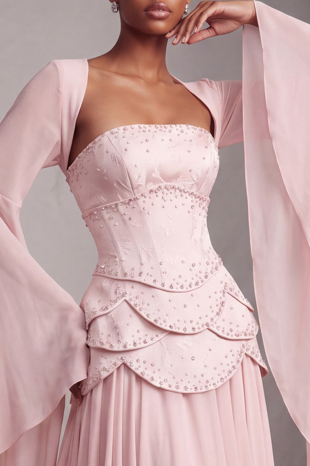 Blush Chiffon Beaded A Line Ruffled Corset Long Prom Dress with Sleeves