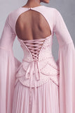 Blush Chiffon Beaded A Line Ruffled Corset Long Prom Dress with Sleeves