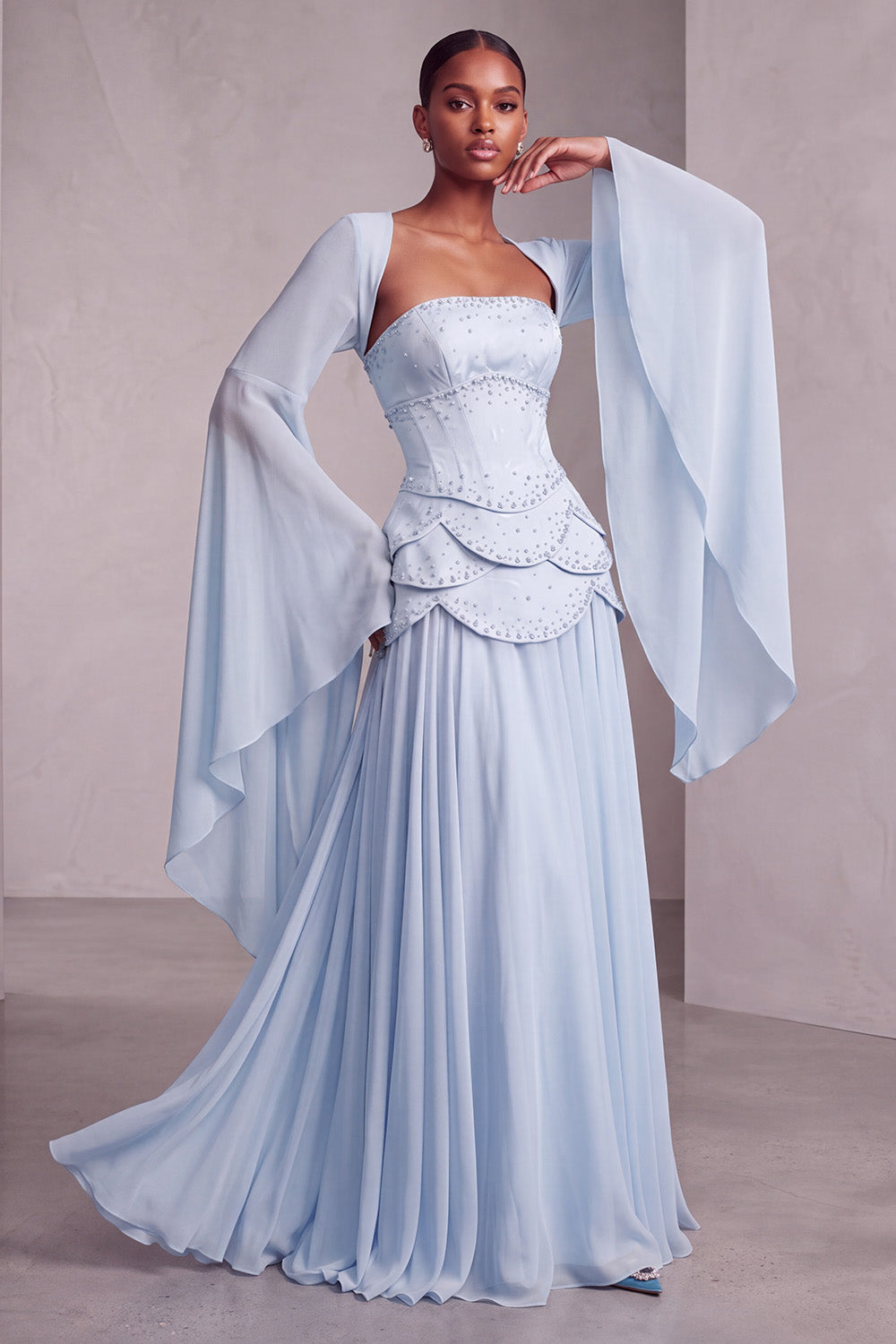 Blush Chiffon Beaded A Line Ruffled Corset Long Prom Dress with Sleeves