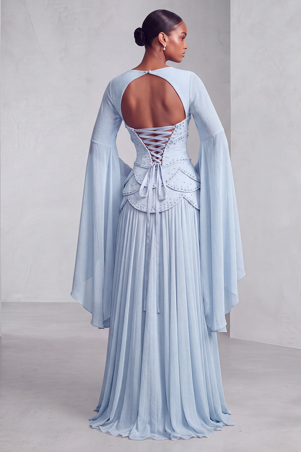 Blush Chiffon Beaded A Line Ruffled Corset Long Prom Dress with Sleeves