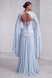 Blush Chiffon Beaded A Line Ruffled Corset Long Prom Dress with Sleeves