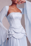 Blush Chiffon Beaded A Line Ruffled Corset Long Prom Dress with Sleeves