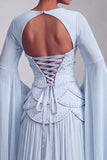 Blush Chiffon Beaded A Line Ruffled Corset Long Prom Dress with Sleeves
