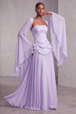 Blush Chiffon Beaded A Line Ruffled Corset Long Prom Dress with Sleeves