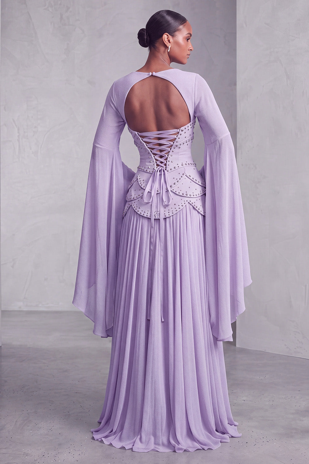 Blush Chiffon Beaded A Line Ruffled Corset Long Prom Dress with Sleeves