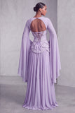 Blush Chiffon Beaded A Line Ruffled Corset Long Prom Dress with Sleeves