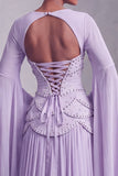 Blush Chiffon Beaded A Line Ruffled Corset Long Prom Dress with Sleeves