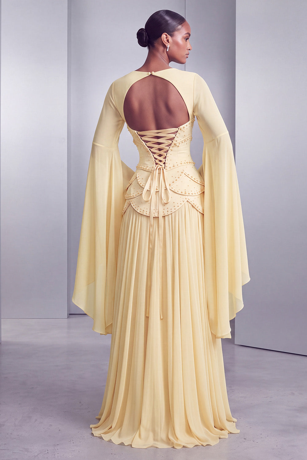 Blush Chiffon Beaded A Line Ruffled Corset Long Prom Dress with Sleeves