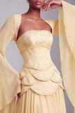 Blush Chiffon Beaded A Line Ruffled Corset Long Prom Dress with Sleeves