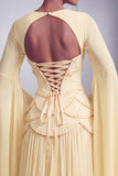Blush Chiffon Beaded A Line Ruffled Corset Long Prom Dress with Sleeves
