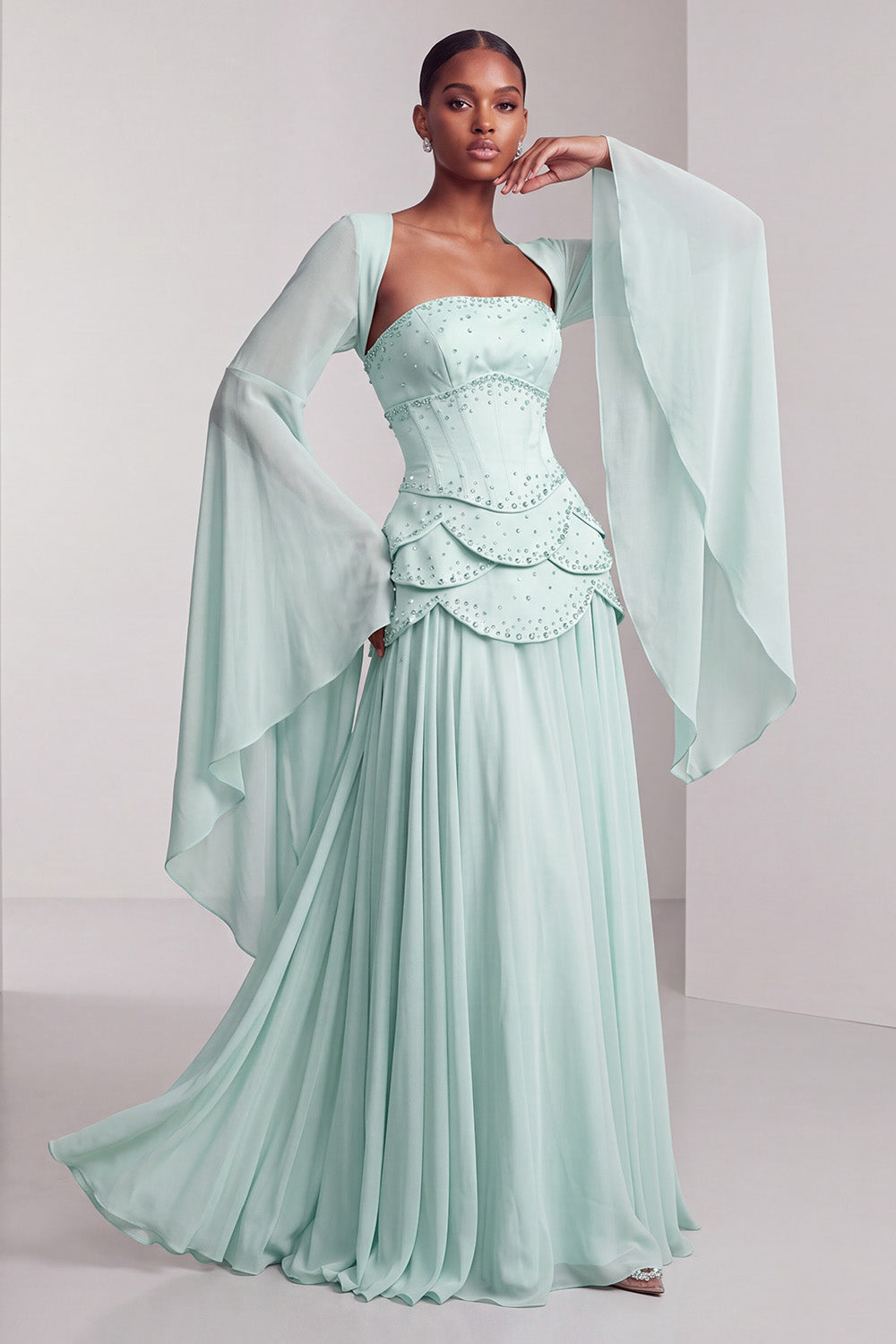 Blush Chiffon Beaded A Line Ruffled Corset Long Prom Dress with Sleeves