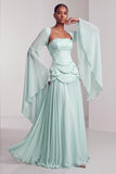 Blush Chiffon Beaded A Line Ruffled Corset Long Prom Dress with Sleeves