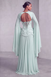 Blush Chiffon Beaded A Line Ruffled Corset Long Prom Dress with Sleeves
