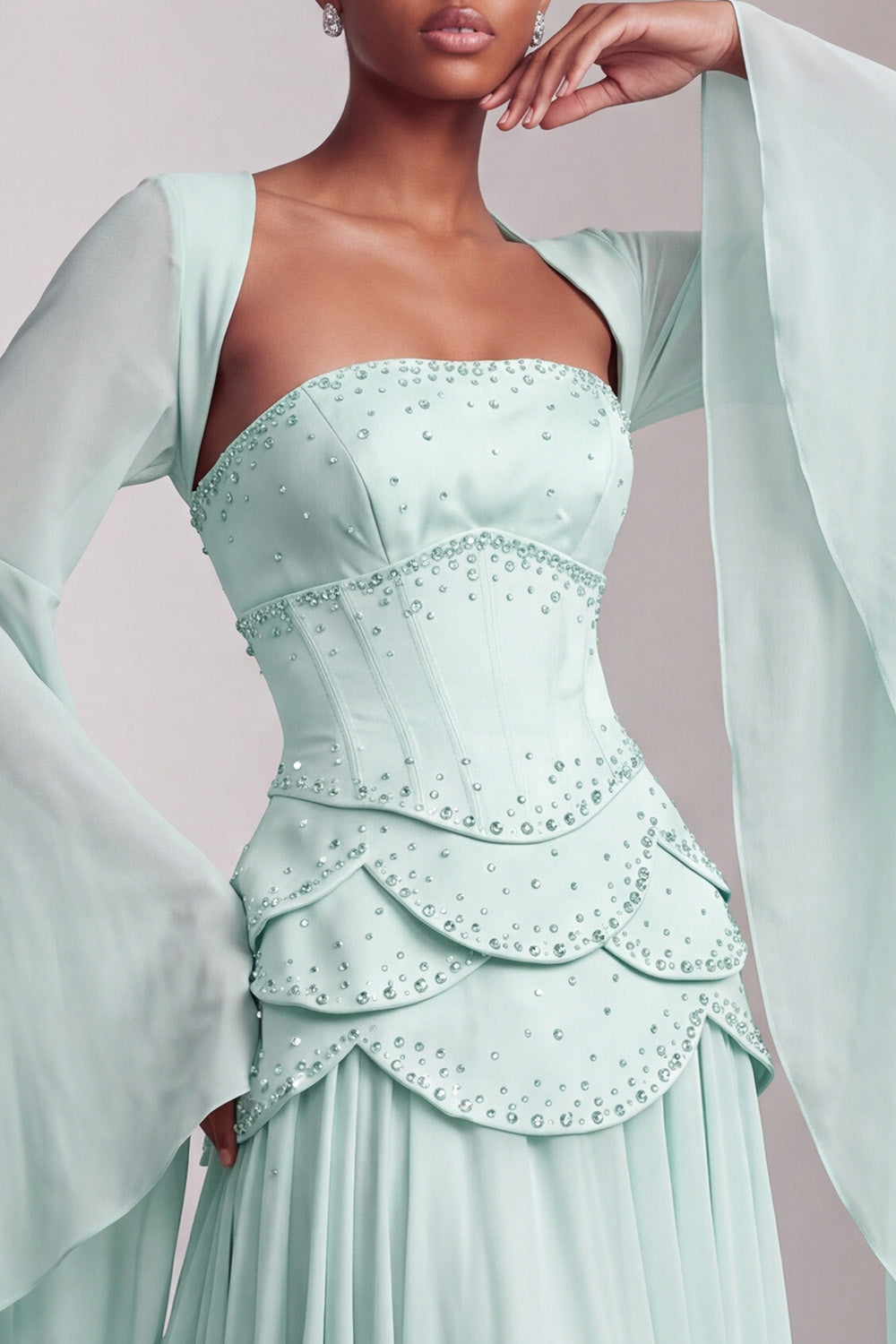 Blush Chiffon Beaded A Line Ruffled Corset Long Prom Dress with Sleeves
