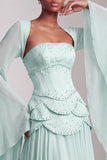 Blush Chiffon Beaded A Line Ruffled Corset Long Prom Dress with Sleeves