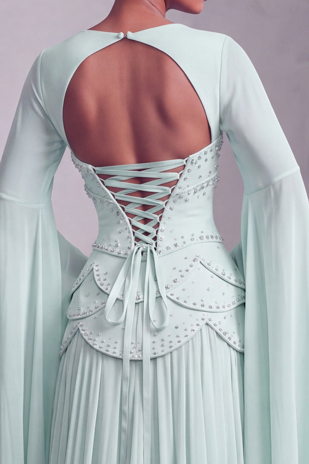 Blush Chiffon Beaded A Line Ruffled Corset Long Prom Dress with Sleeves