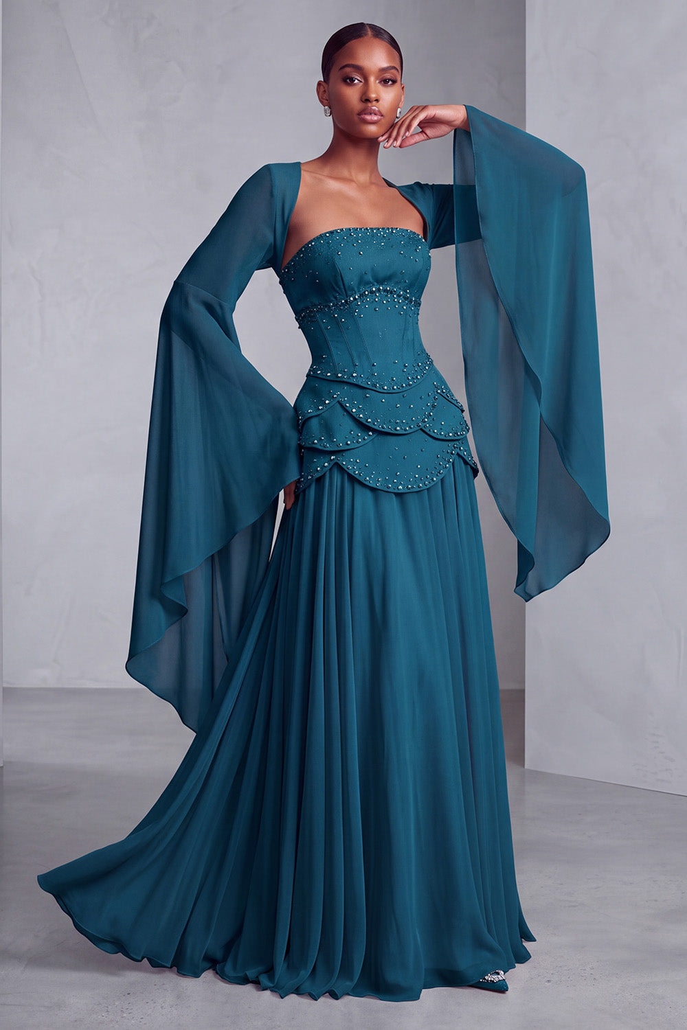 Blush Chiffon Beaded A Line Ruffled Corset Long Prom Dress with Sleeves