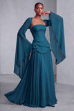 Blush Chiffon Beaded A Line Ruffled Corset Long Prom Dress with Sleeves