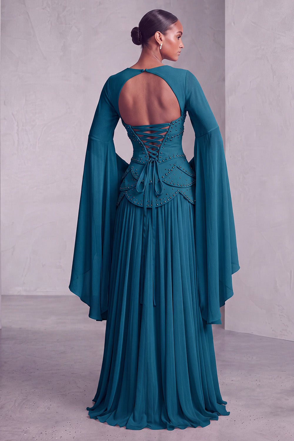 Blush Chiffon Beaded A Line Ruffled Corset Long Prom Dress with Sleeves