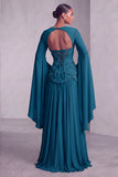 Blush Chiffon Beaded A Line Ruffled Corset Long Prom Dress with Sleeves