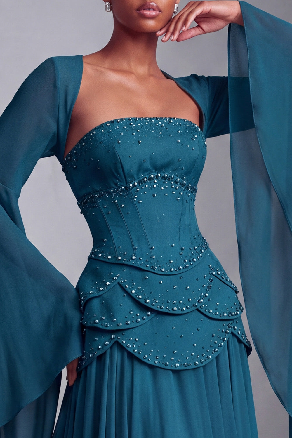 Blush Chiffon Beaded A Line Ruffled Corset Long Prom Dress with Sleeves
