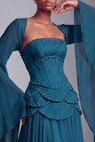 Blush Chiffon Beaded A Line Ruffled Corset Long Prom Dress with Sleeves