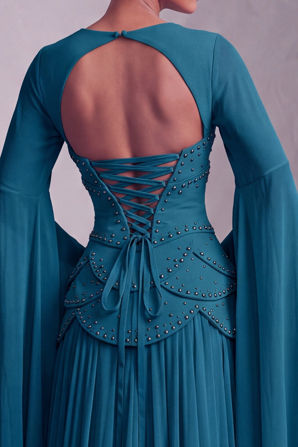 Blush Chiffon Beaded A Line Ruffled Corset Long Prom Dress with Sleeves