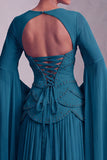 Blush Chiffon Beaded A Line Ruffled Corset Long Prom Dress with Sleeves