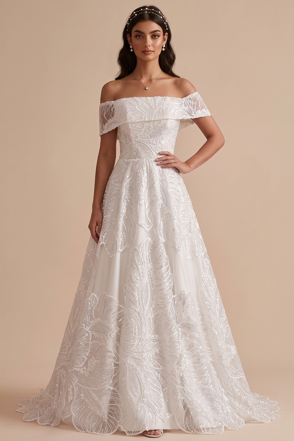 Sparkly White Floral A-Line Beaded Floor-Length Wedding Dress